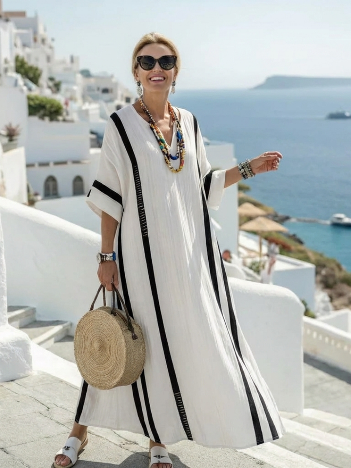 Elvienne | Vestido Maxi de Manga Corta con Bloques de Color y Rayas