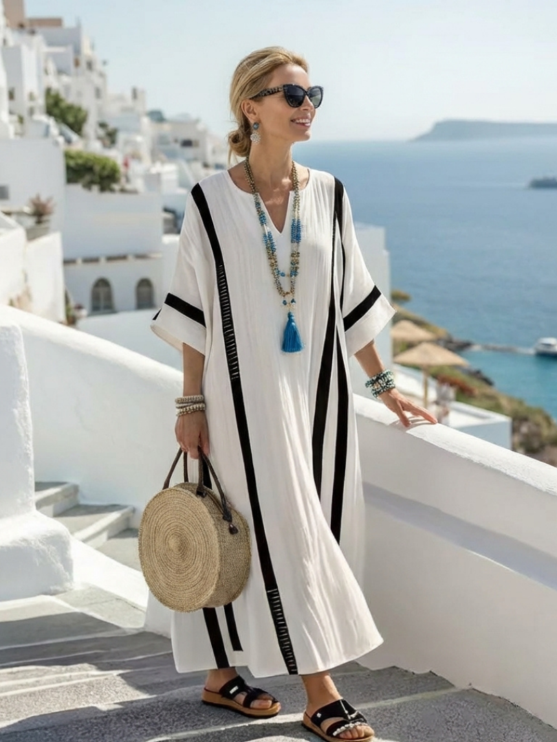 Elvienne | Vestido Maxi de Manga Corta con Bloques de Color y Rayas