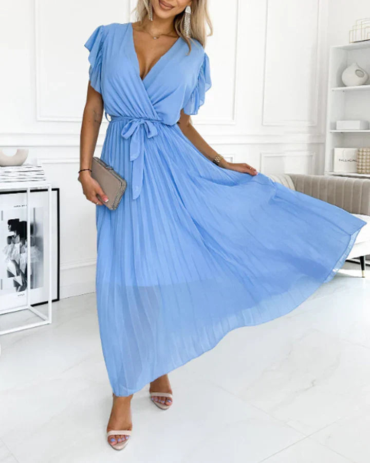 Lucía™ – Vestido plisado con escote cruzado y lazo a la cintura