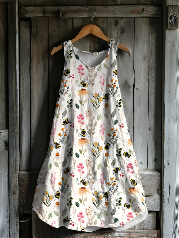 Vestido de Lino con Abejas del Jardín Silvestre