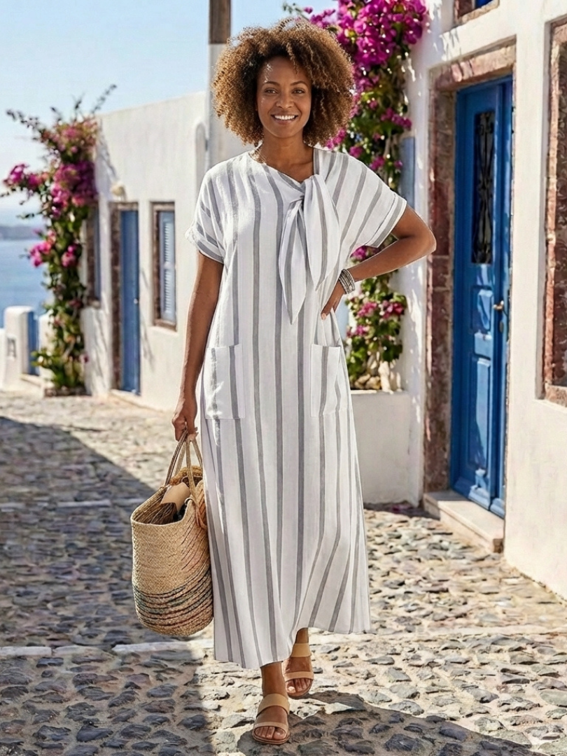Elaris | Vestido midi de cuello con lazo y rayas de manga corta
