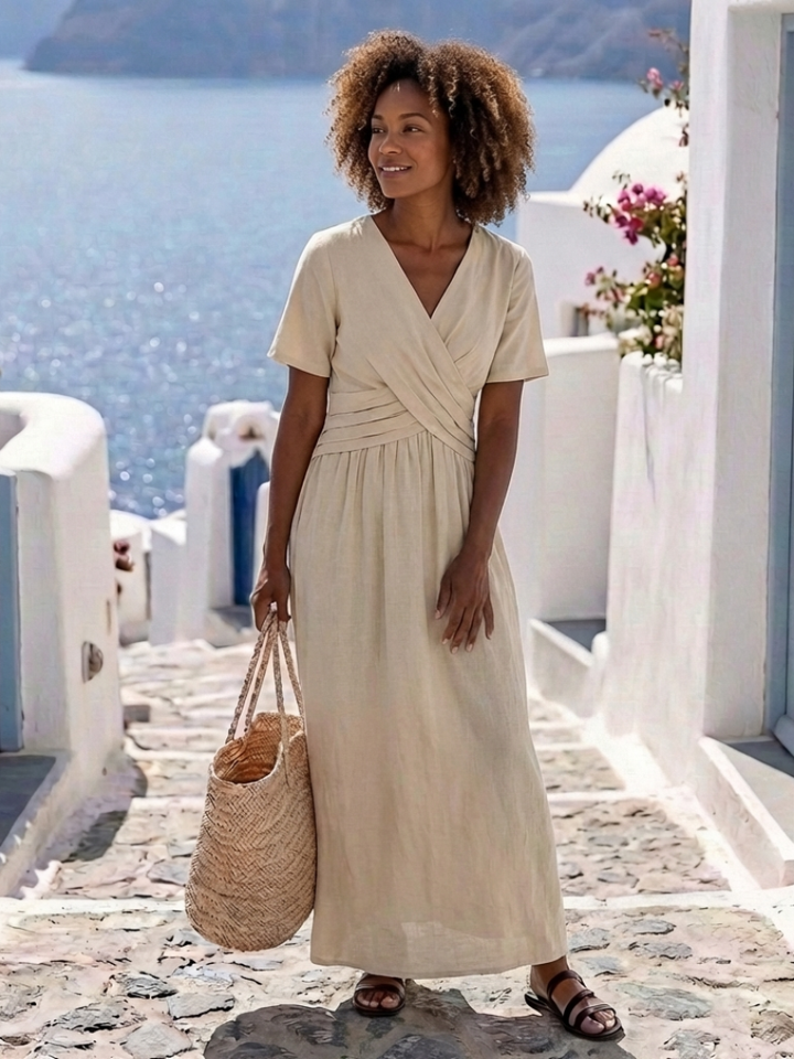 Alvara | Vestido Midi Envoltura de Manga Corta con Escote en V