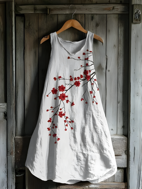 Vestido de Lino Rojo Vintage con Flores