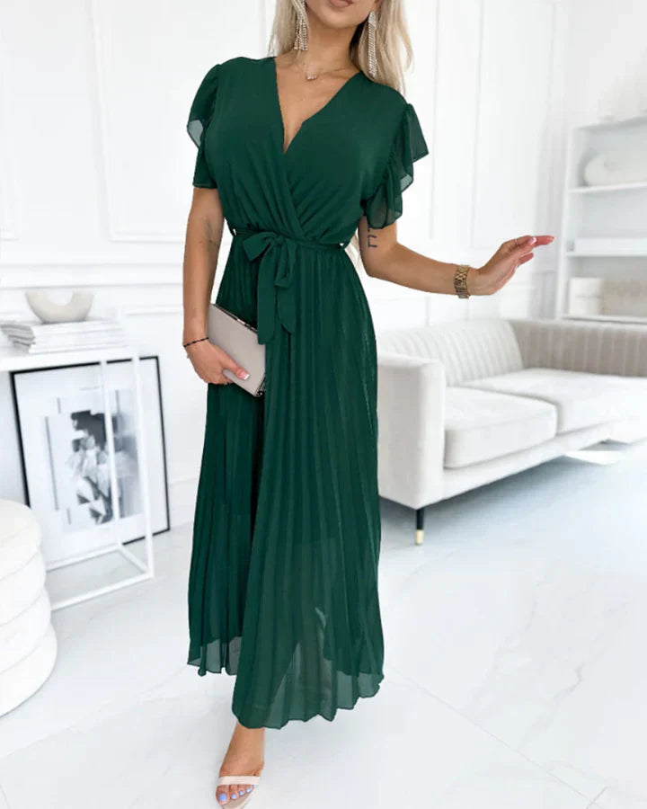 Lucía™ – Vestido plisado con escote cruzado y lazo a la cintura