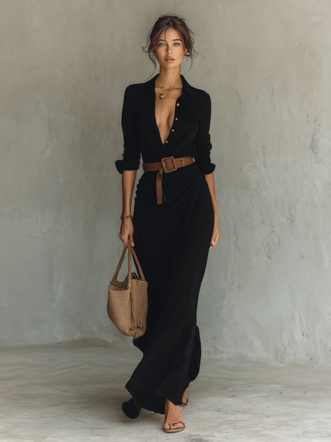 Vestido largo de lino con cuello de solapa y mangas largas.