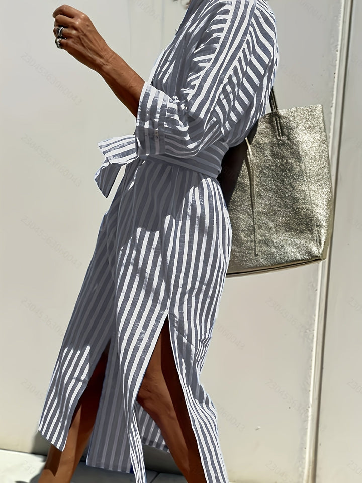 Christine | Striped Print & Button Closure with Belt