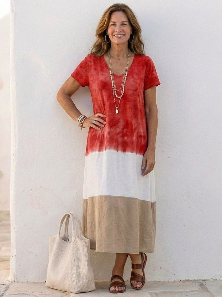 Thalia | Vestido Midi de Cuello en V y Manga Corta en Bloques de Color