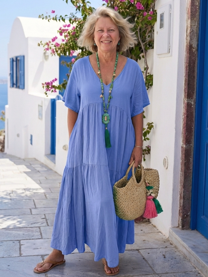 Zinnia | Vestido Maxi Azul de Manga Corta con Volantes