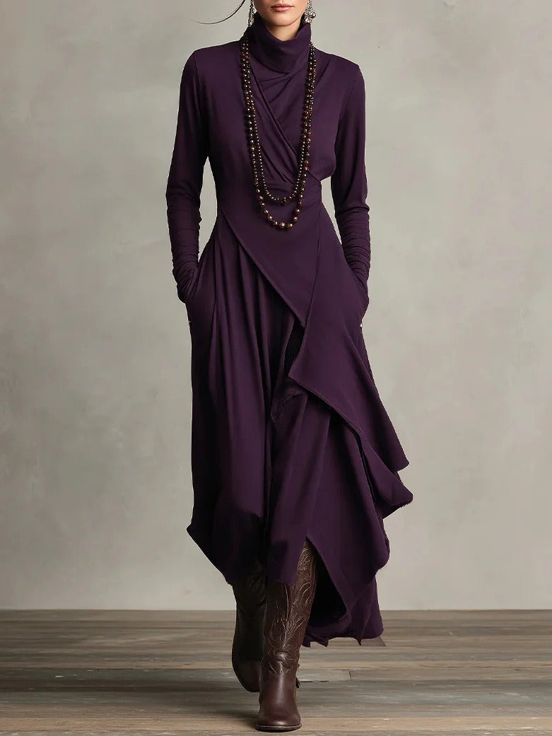 Elena - Vestido maxi elegante con cuello alto y drapeado asimétrico