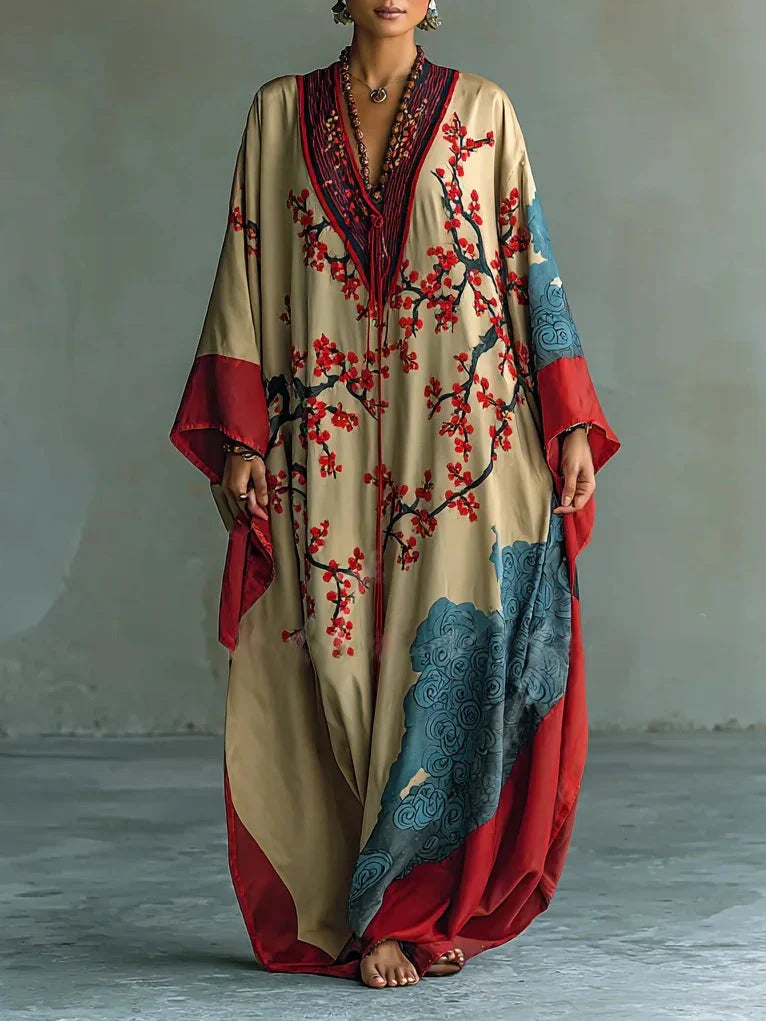Kyoto - Vestido japonés con flores de ciruelo y mangas murciélago
