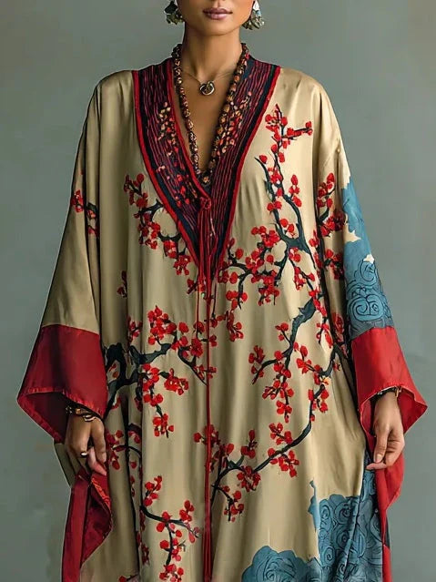 Kyoto - Vestido japonés con flores de ciruelo y mangas murciélago