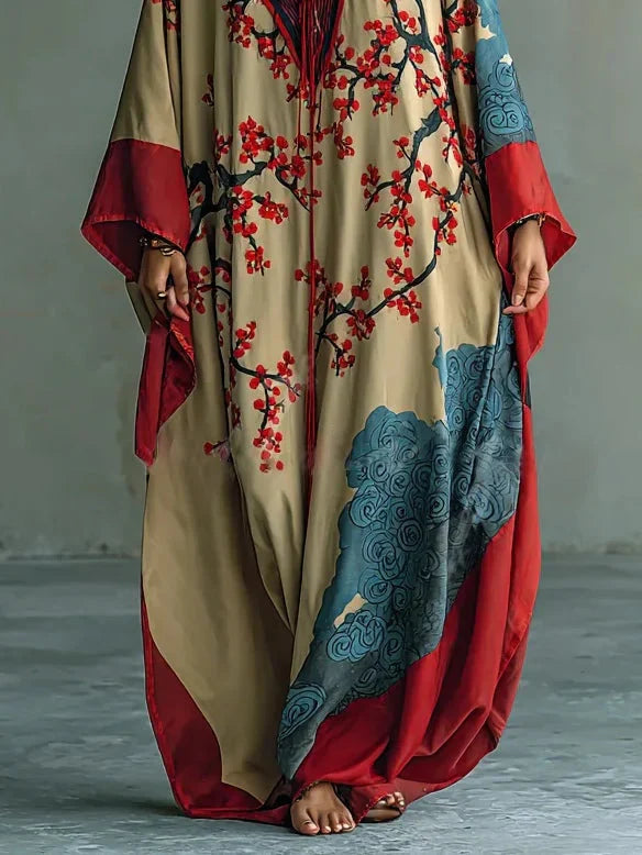 Kyoto - Vestido japonés con flores de ciruelo y mangas murciélago