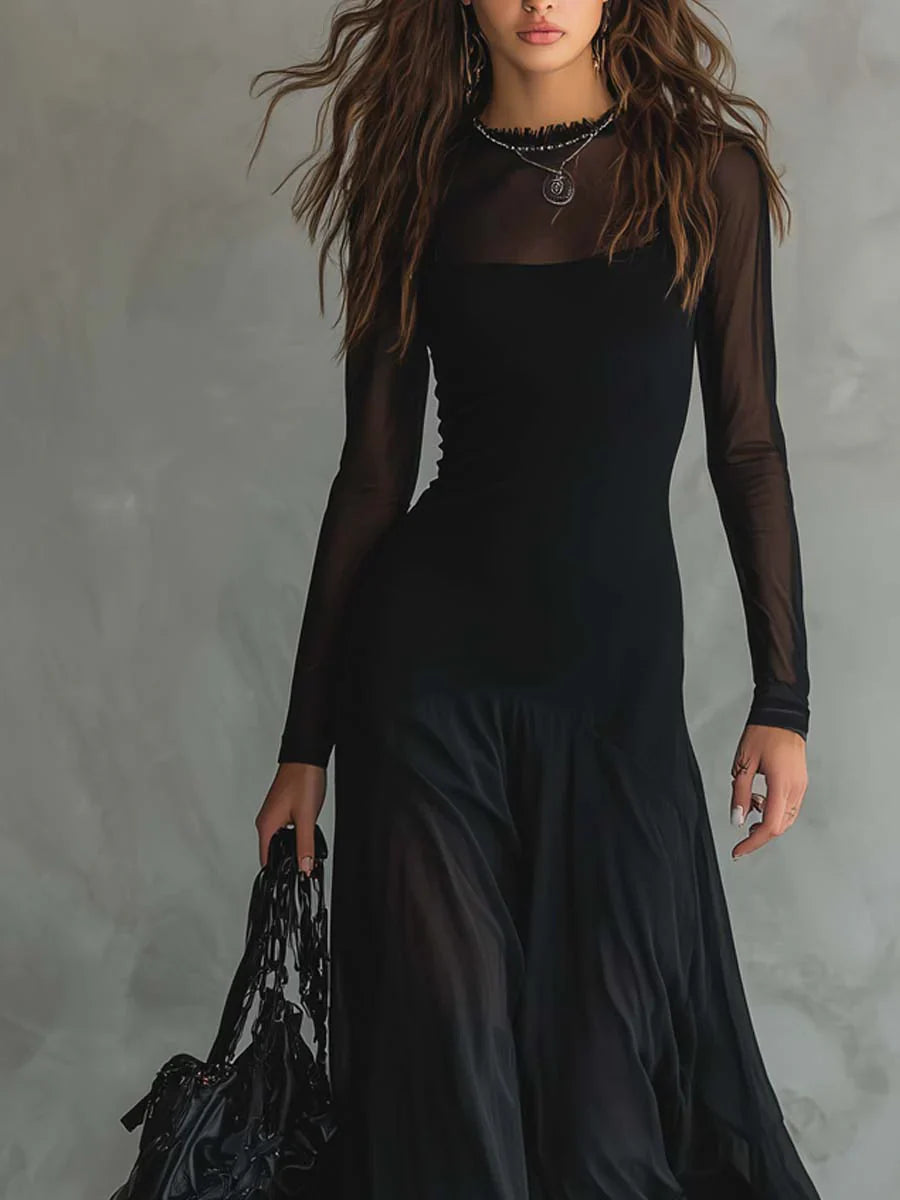 Luna - Vestido largo fluido de tul negro