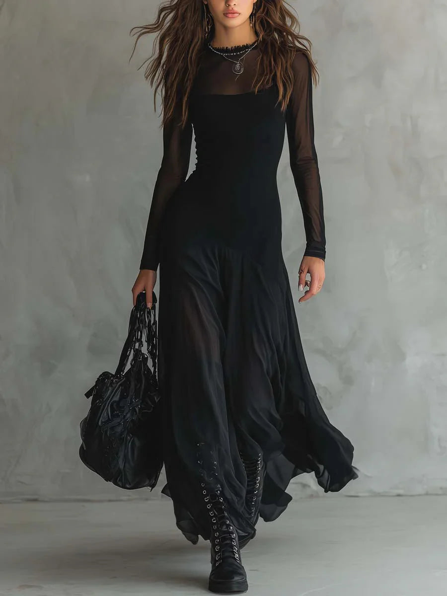 Luna - Vestido largo fluido de tul negro