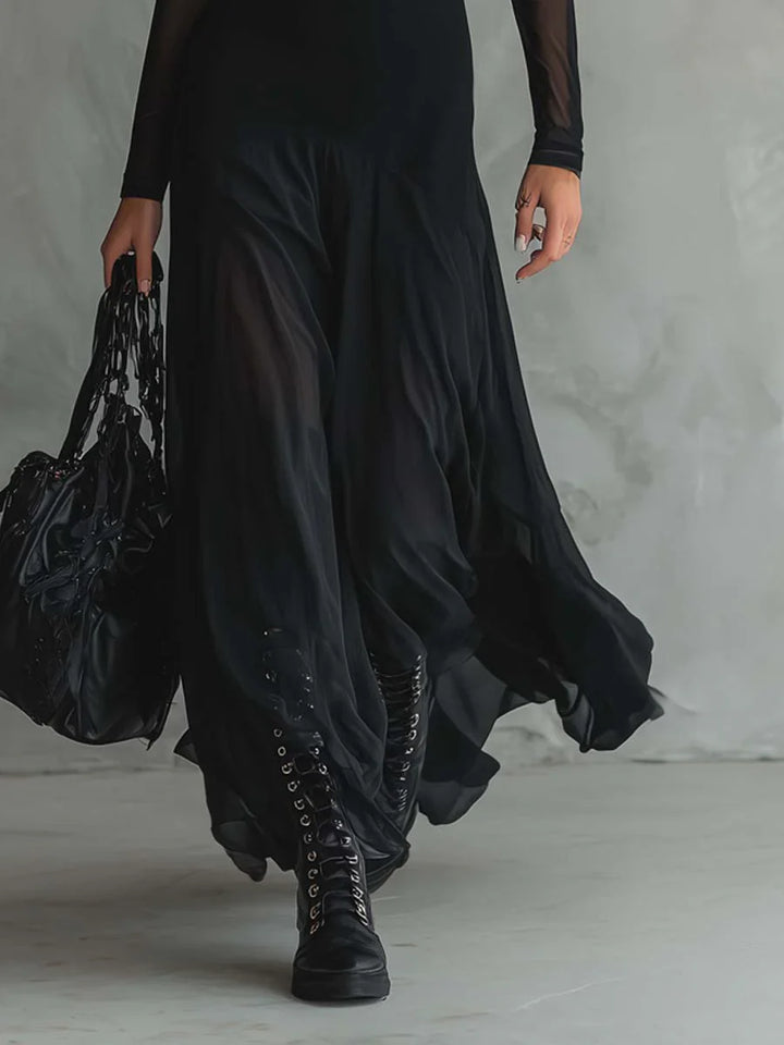 Luna - Vestido largo fluido de tul negro