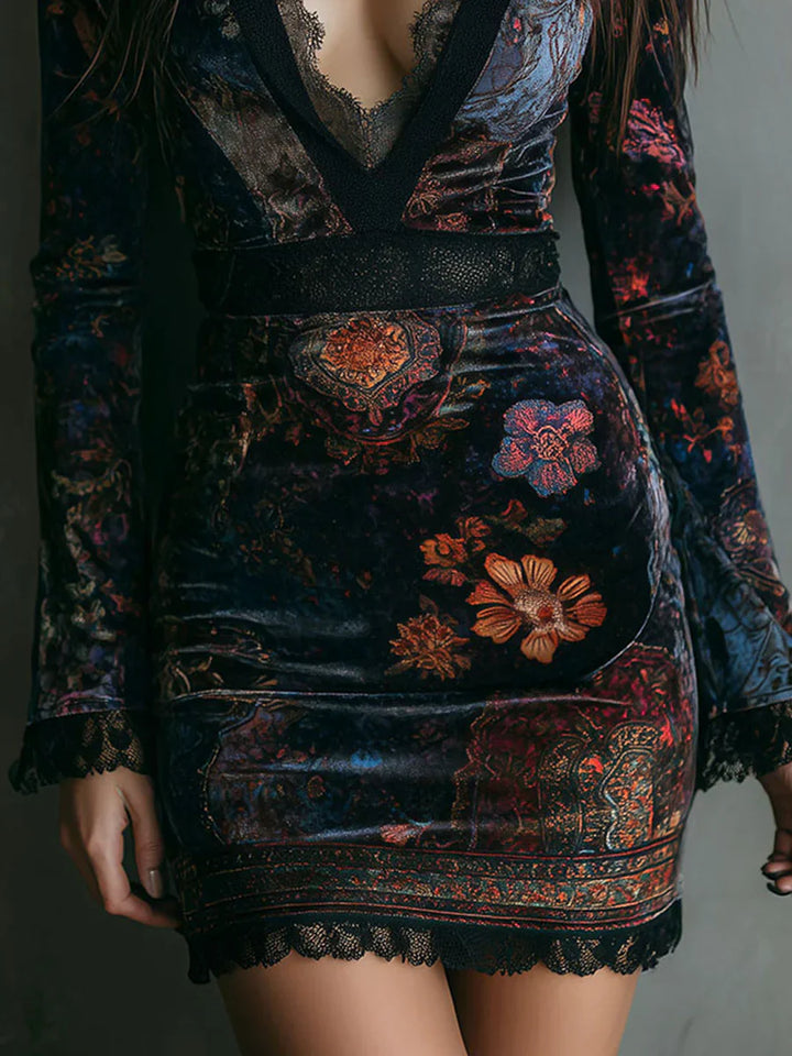 Flora - Vestido boho de terciopelo con escote de encaje