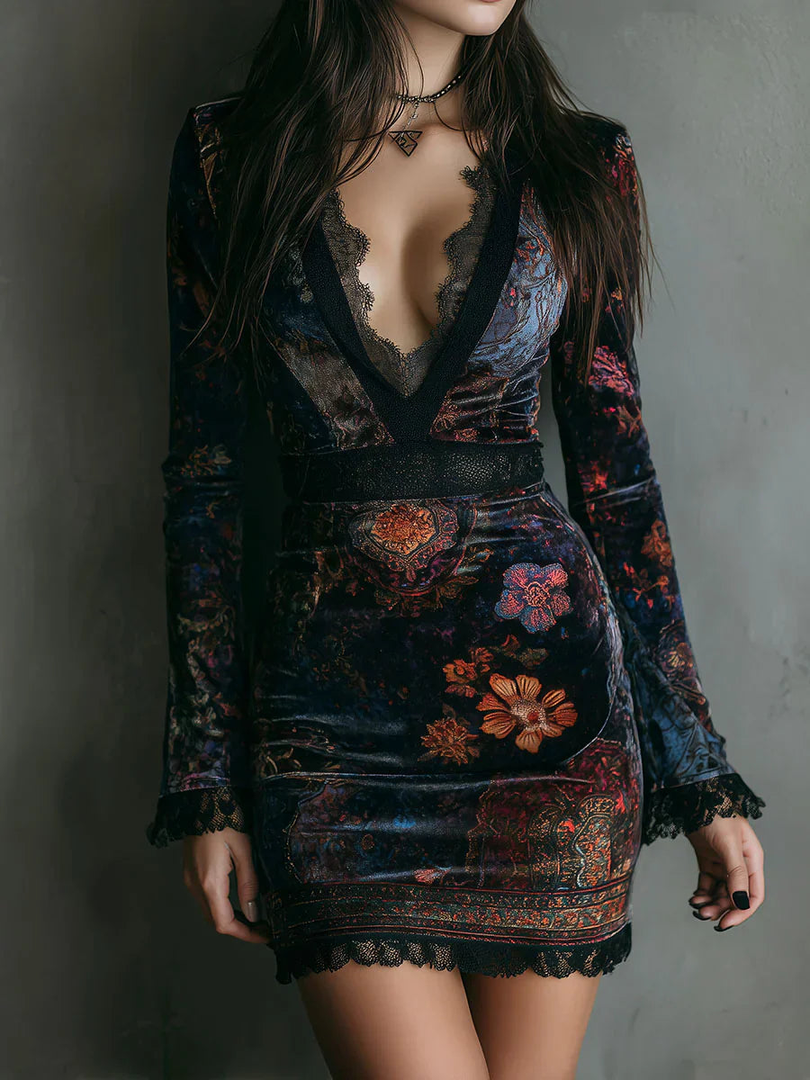 Flora - Vestido boho de terciopelo con escote de encaje