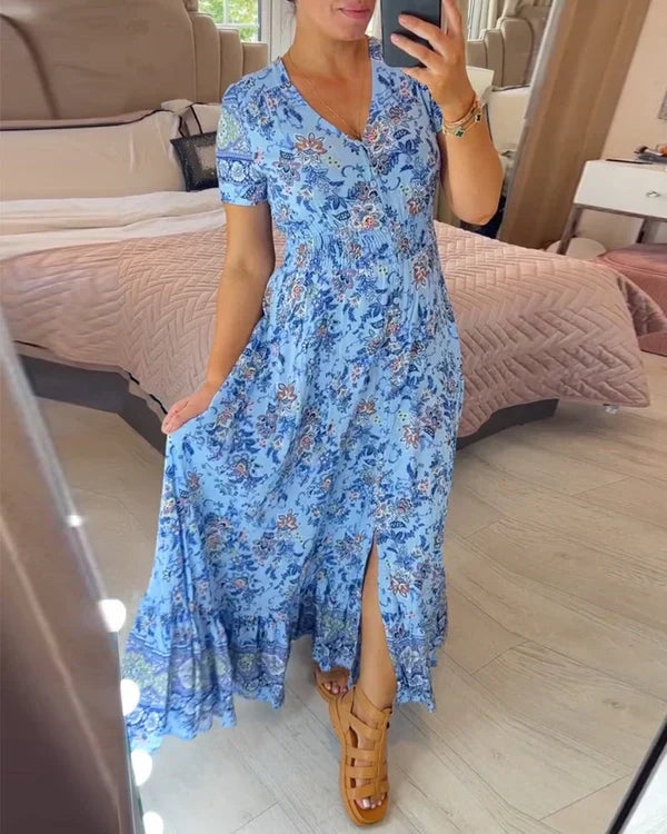 Valeria™ Vestido largo floral con escote en V, manga corta y vuelo amplio