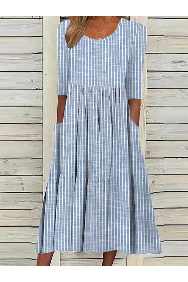 AMANDA | VESTIDO MIDI ELEGANTE A RAYAS QUE CUBRE EL VIENTRE