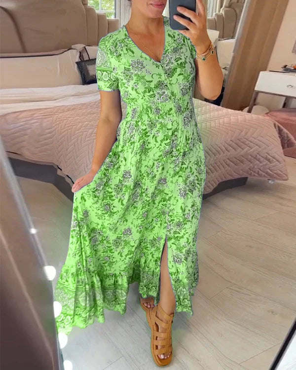 Valeria™ Vestido largo floral con escote en V, manga corta y vuelo amplio
