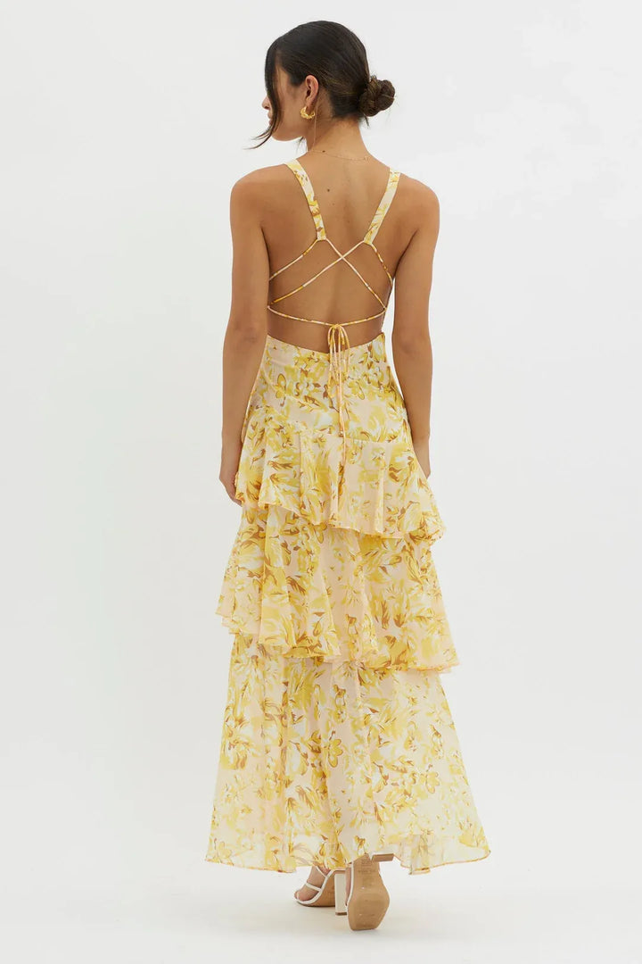 Maya - Vestido largo floral con volantes