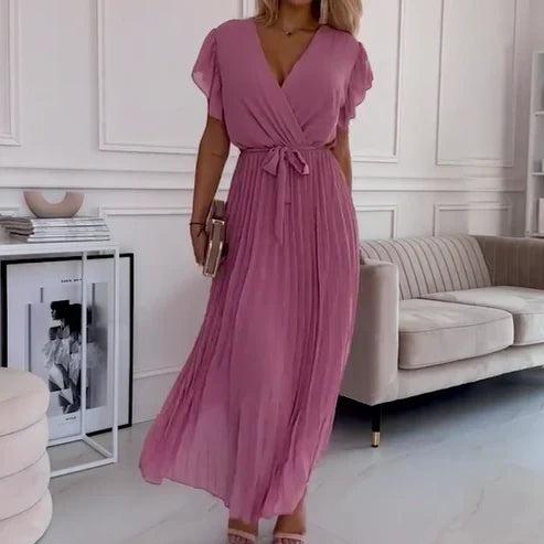 Lucía™ – Vestido plisado con escote cruzado y lazo a la cintura