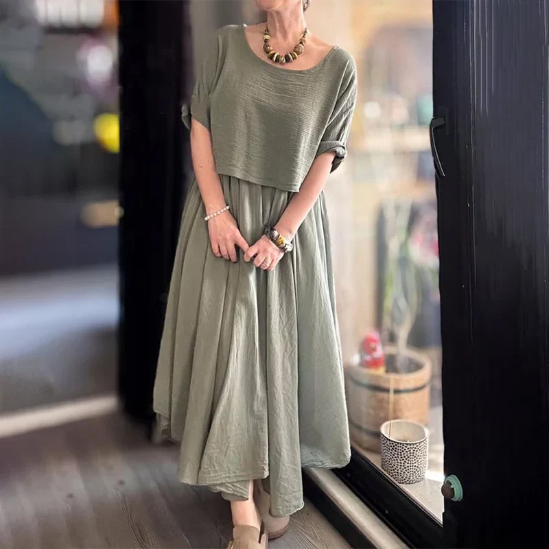 Vega™ Conjunto de dos piezas para mujer cómodo y elegante confeccionado en algodón y lino con blusa y falda de cuello redondo